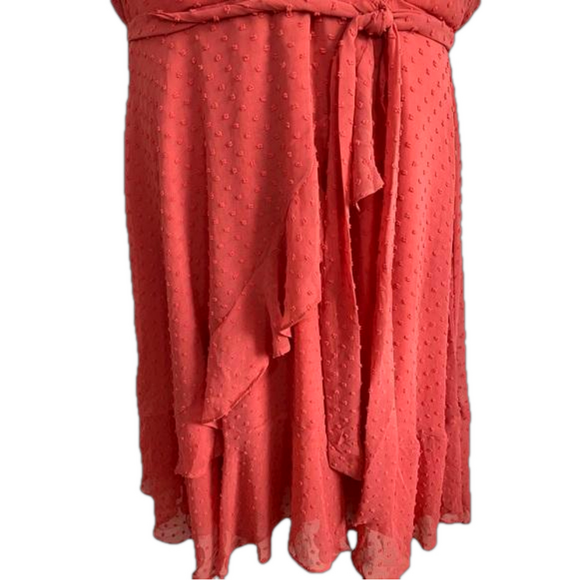 Danny & Nicole Coral Swiss Dot Chiffon Surplice Ruffle Midi Dress SKU0498 - Picture 3 of 10